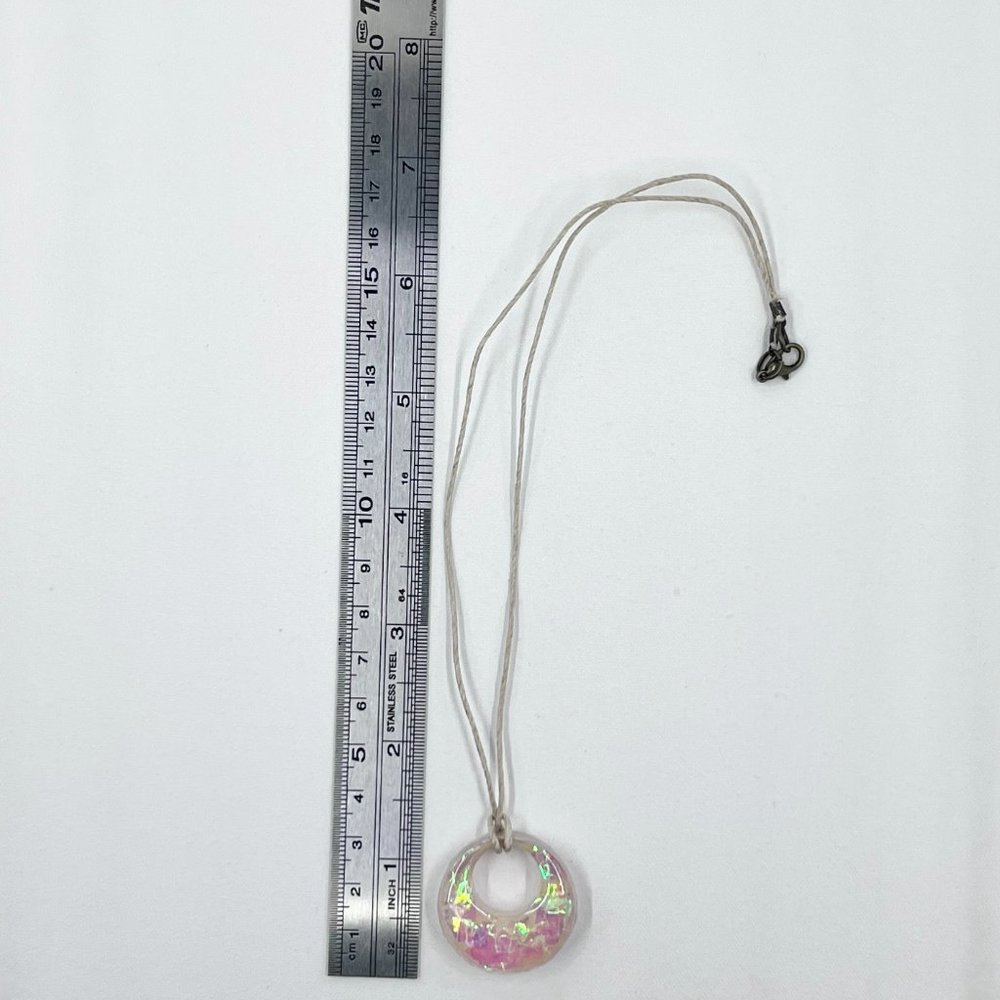 New / Hand Crafted - Pink & Cream Iridescent Round Pendant 16” Cord Necklace - Picture 4 of 7